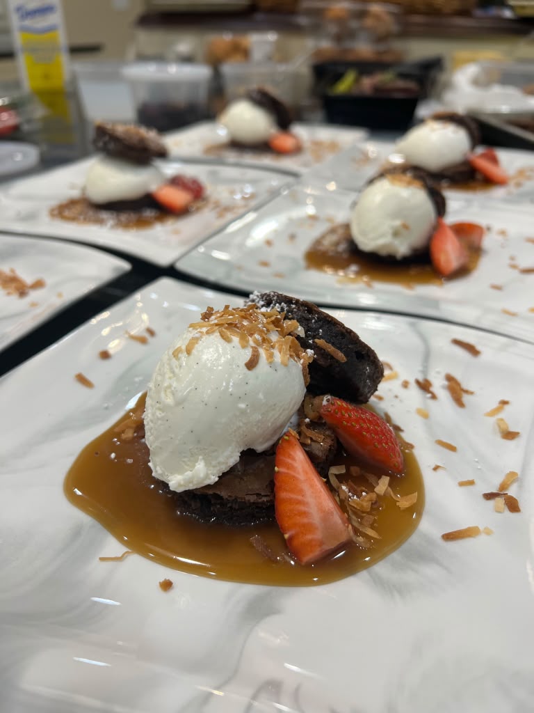 Triple Chocolate Brownie w Vanilla Gelato, Strawberry, Bourbon Caramel